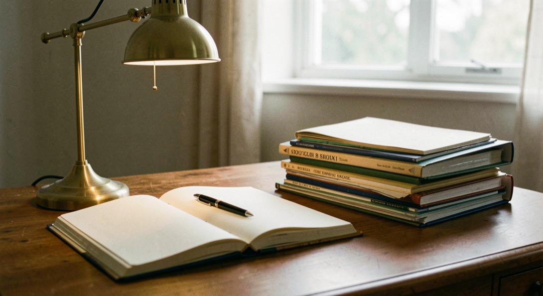 Open notebook beside brass lamp and organized folder stack on quiet evening writing desk