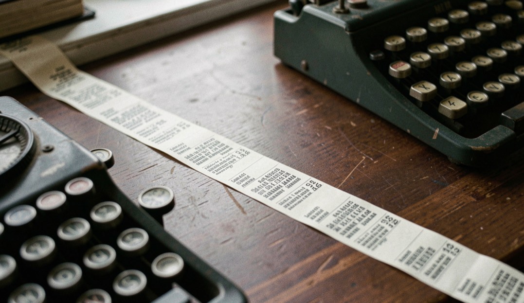 Monochrome paper tape strip unfurling across dark wooden desk beside mechanical calculator keys
