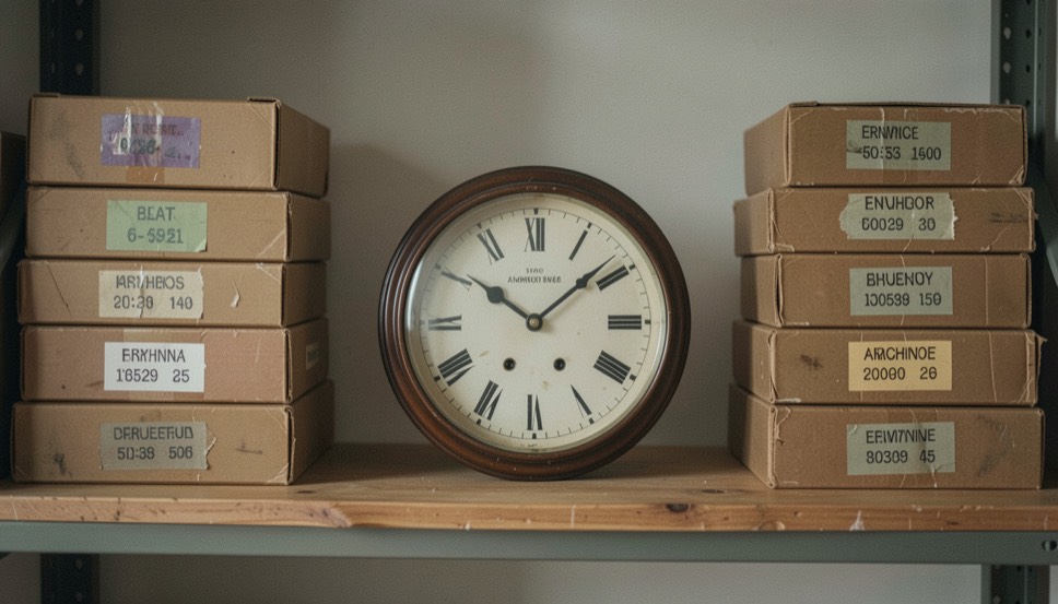 Round vintage clock flanked by stacked archive boxes on a wooden shelf in quiet lamplight