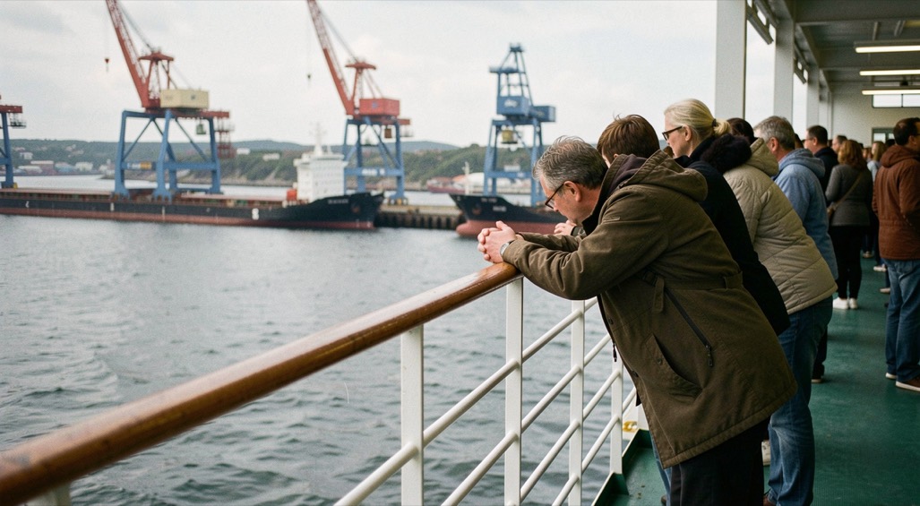 Ferry deck railing overlooking harbor cranes as travelers lean forward anticipating arrival shores